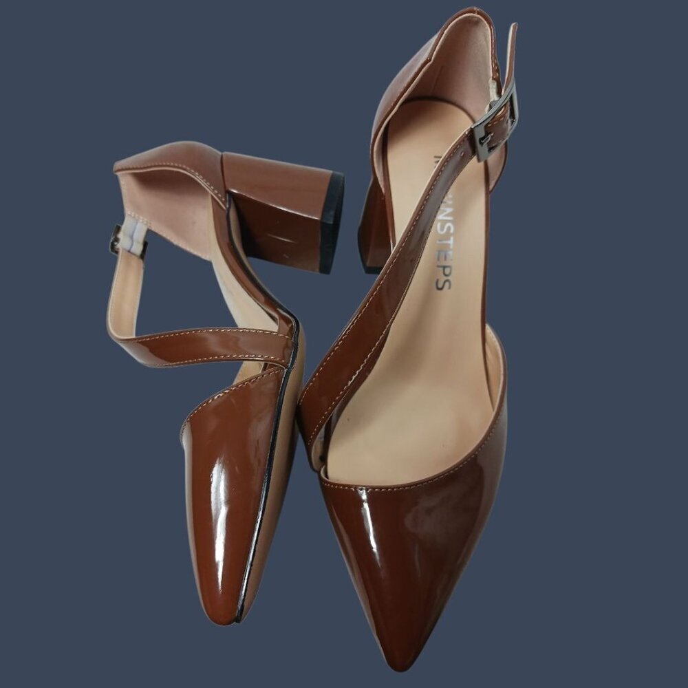 Movinsteps Womens Patent Leather Block Mid Heel Strap Pumps Brown Size 5 - Picture 13 of 14